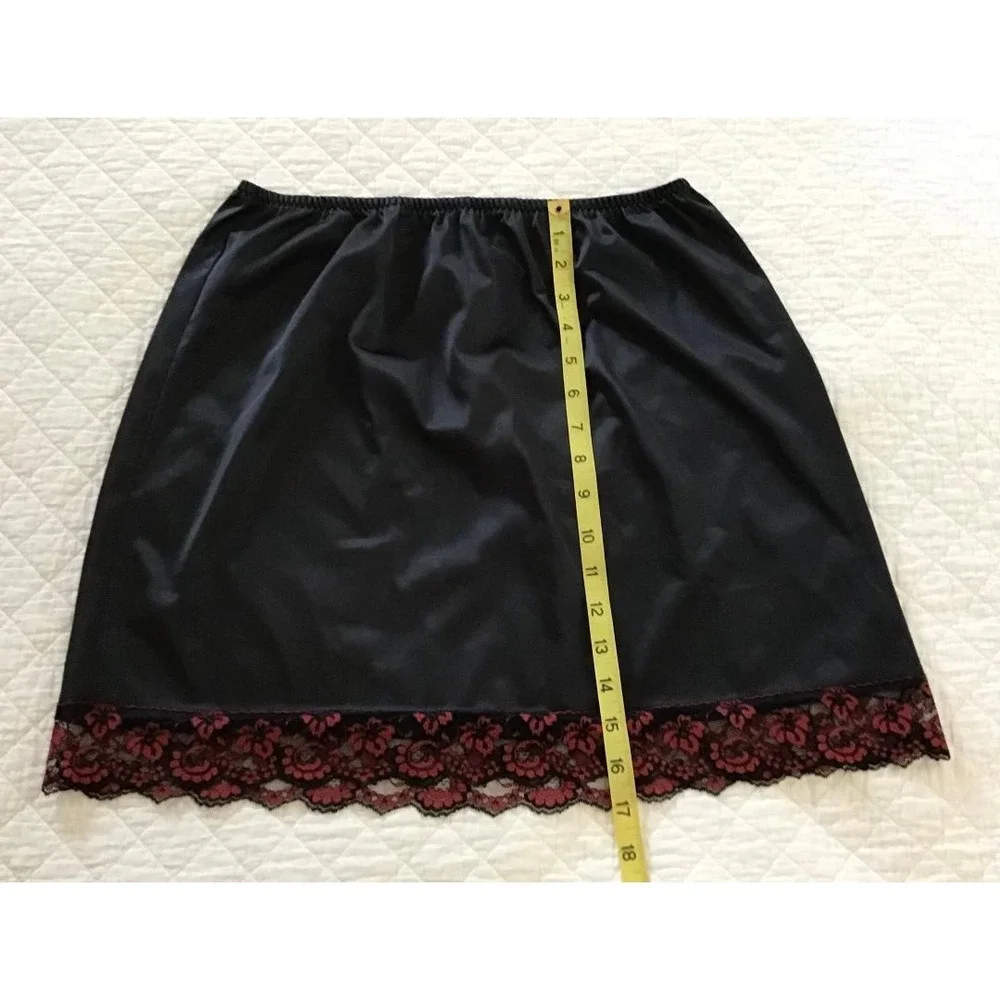 VTG 80's Black Satin Lace Trim Sz L Nightgown Lingerie + Ashley Taylor Half Slip